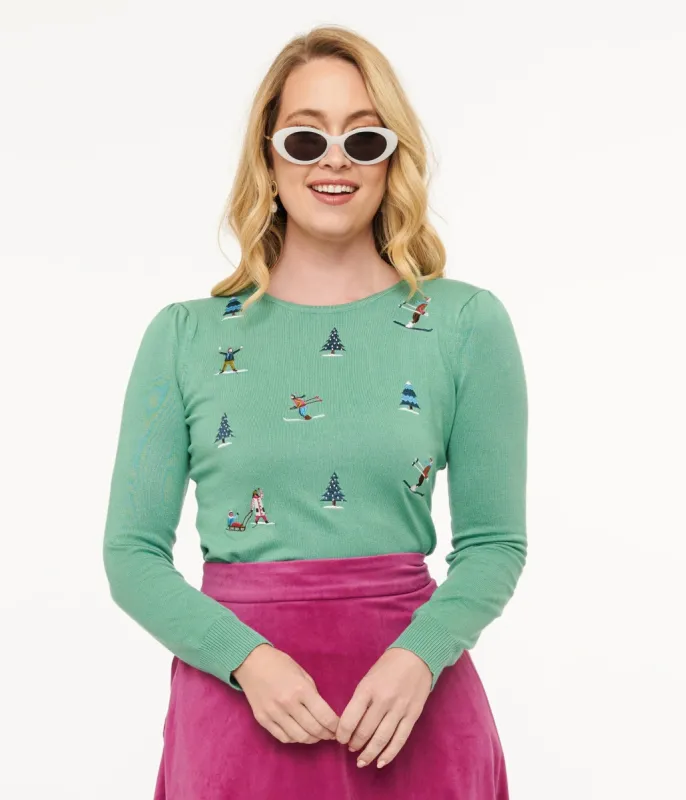 Royal Monk 1950s Teal Ski Snow Season Sweater sold by Unique Vintage