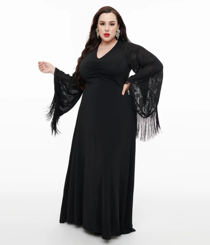 Smak Parlour Plus Size 1970s Black Floral Fringe Sleeve Stevie Maxi Dress sold by Unique Vintage