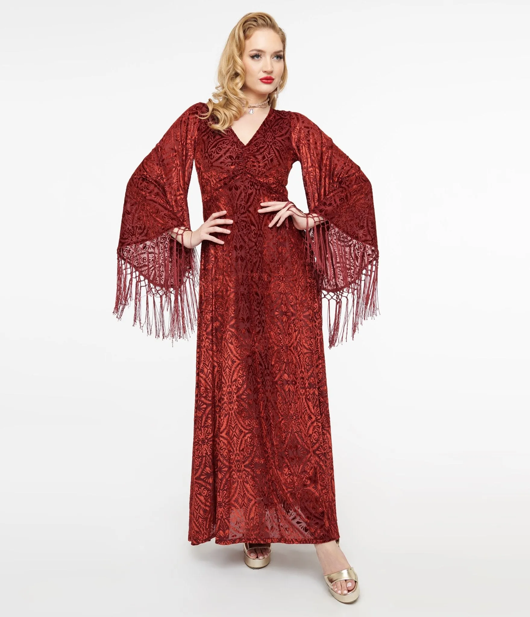 Smak Parlour 1970s Burgundy Velvet Burnout Fringe Sleeve Stevie Maxi Dress sold by Unique Vintage product image thumbnail 3