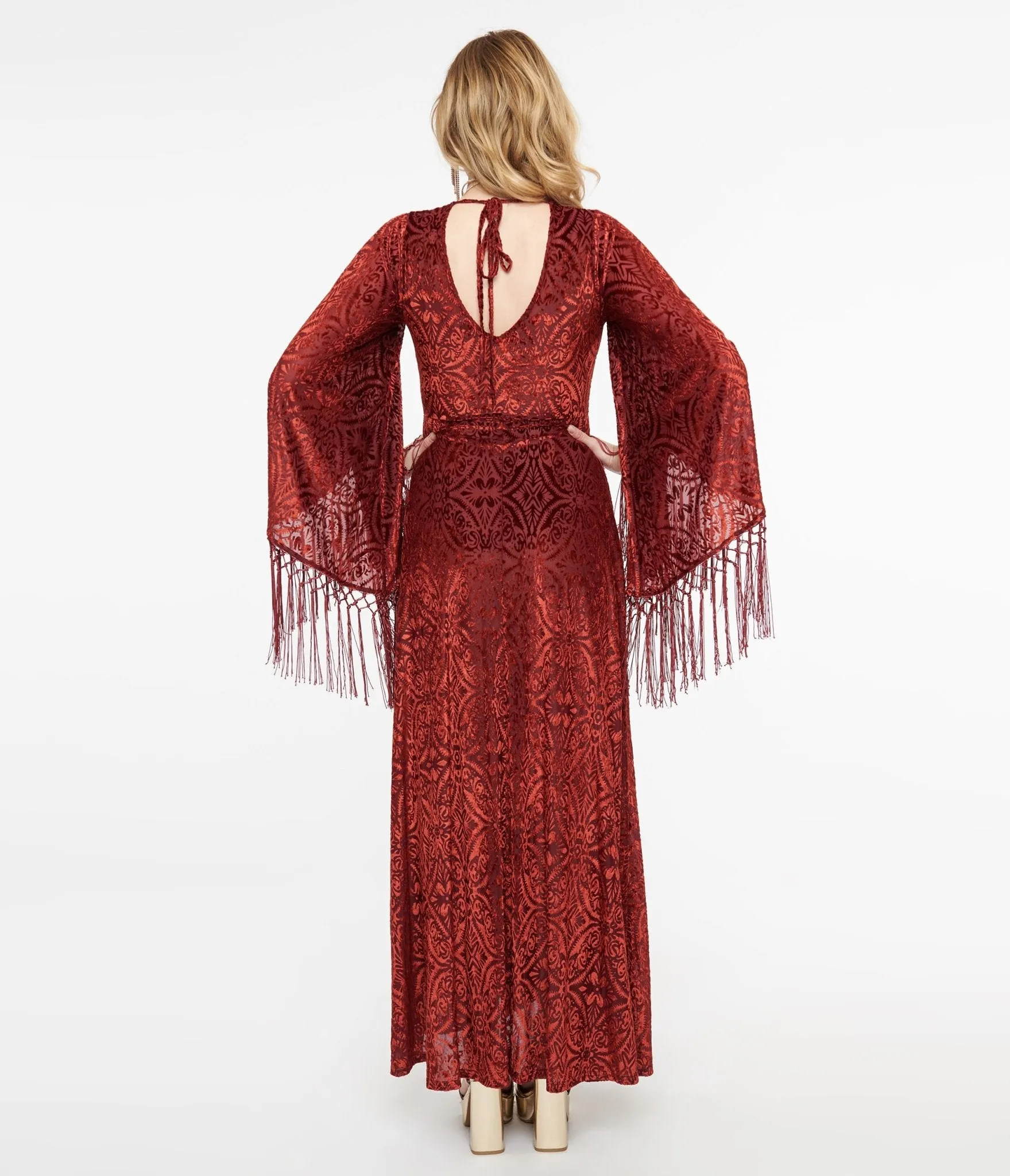 Smak Parlour 1970s Burgundy Velvet Burnout Fringe Sleeve Stevie Maxi Dress sold by Unique Vintage product image thumbnail 2