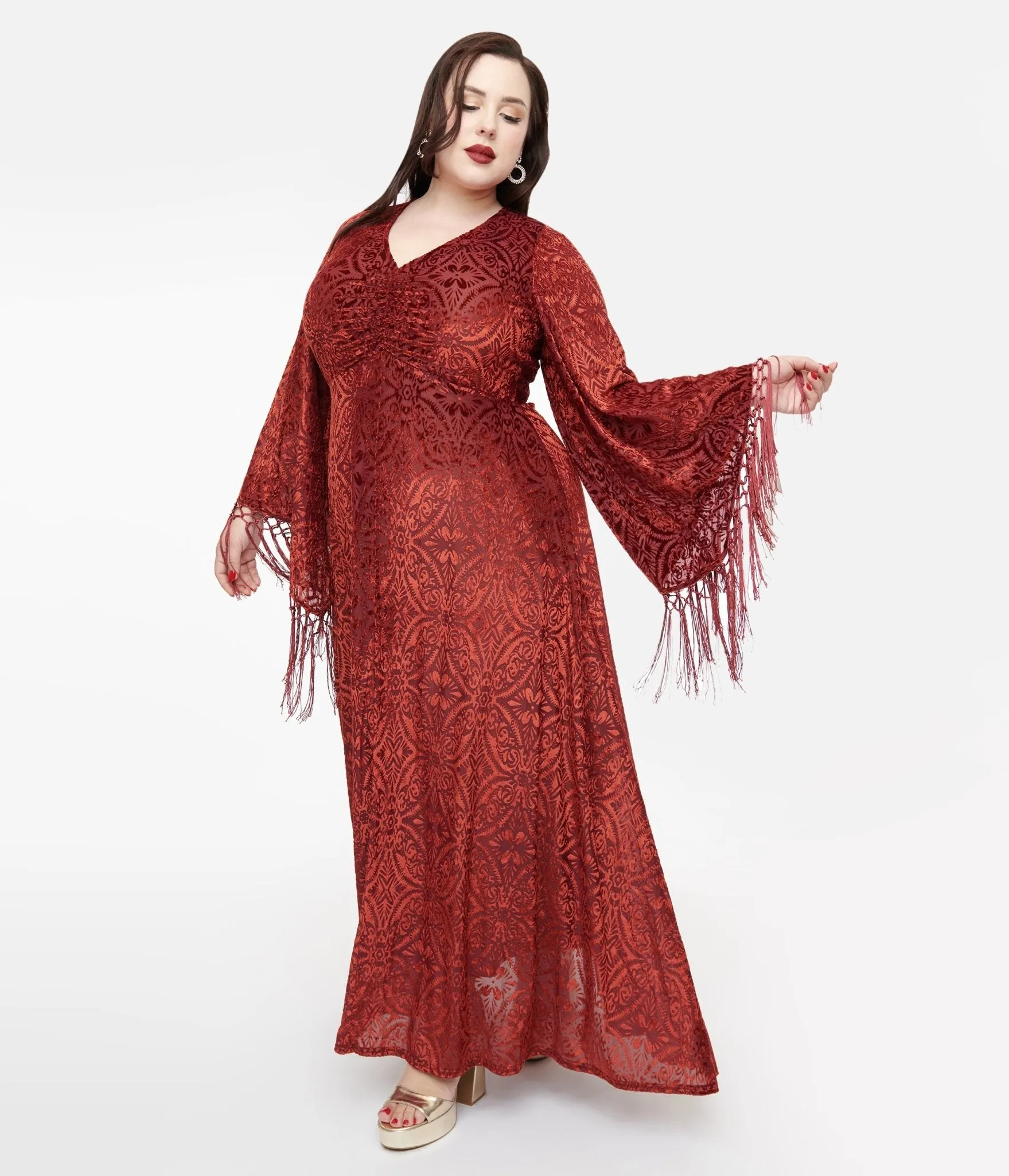 Smak Parlour Plus Size 1970s Burgundy Velvet Burnout Fringe Sleeve Stevie Maxi Dress sold by Unique Vintage