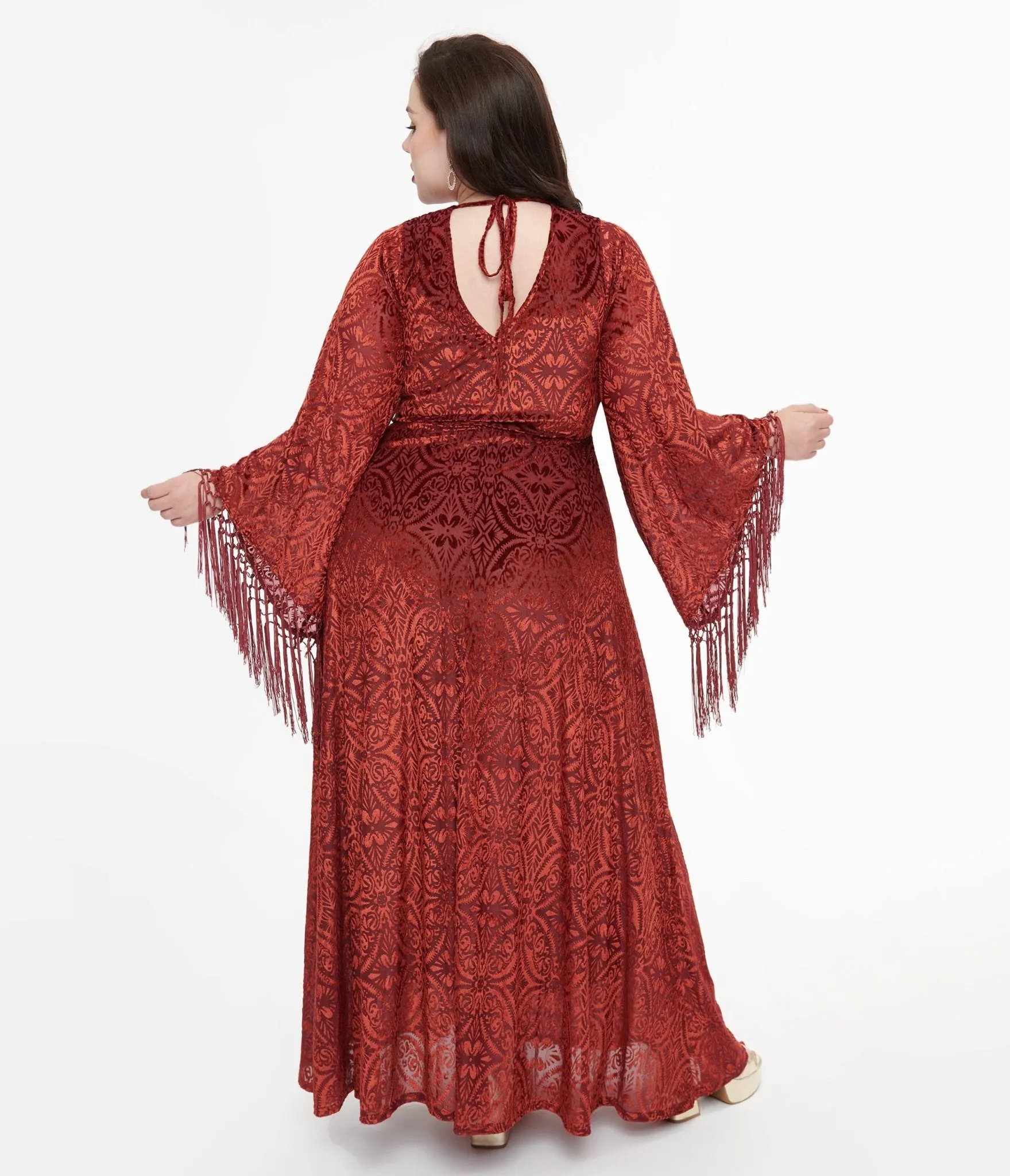 Smak Parlour Plus Size 1970s Burgundy Velvet Burnout Fringe Sleeve Stevie Maxi Dress sold by Unique Vintage product image thumbnail 2