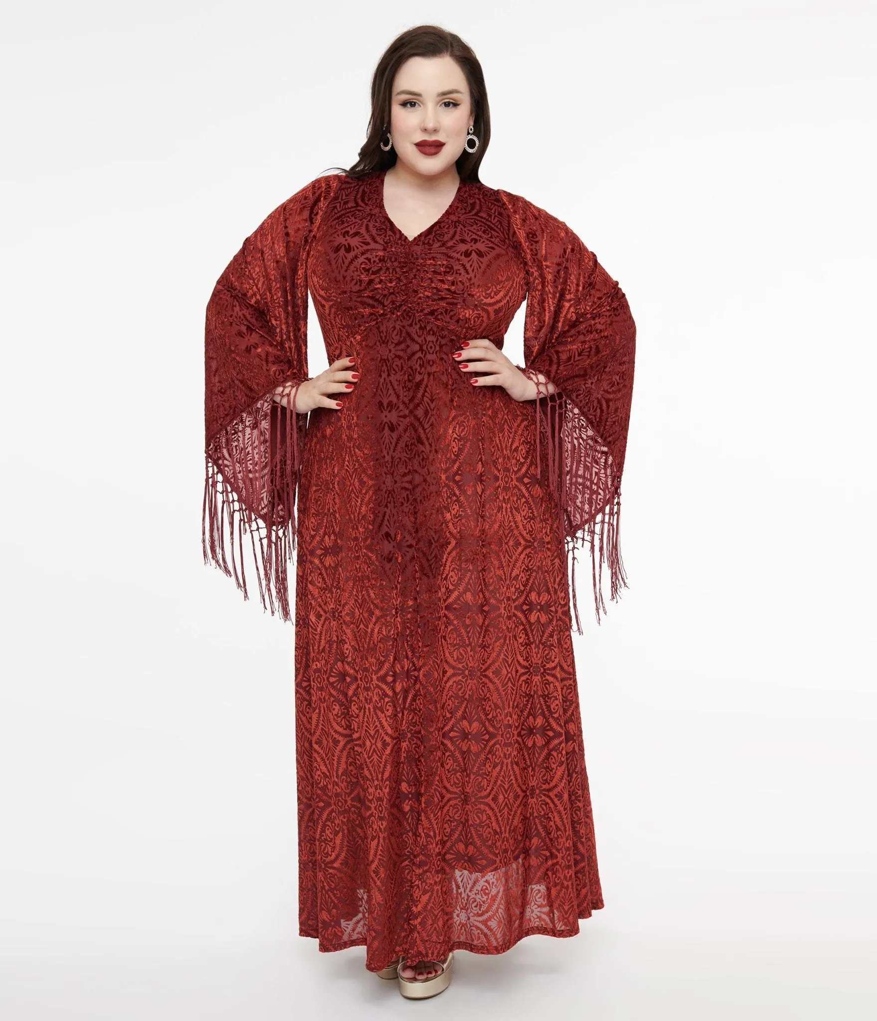 Smak Parlour Plus Size 1970s Burgundy Velvet Burnout Fringe Sleeve Stevie Maxi Dress sold by Unique Vintage product image thumbnail 3