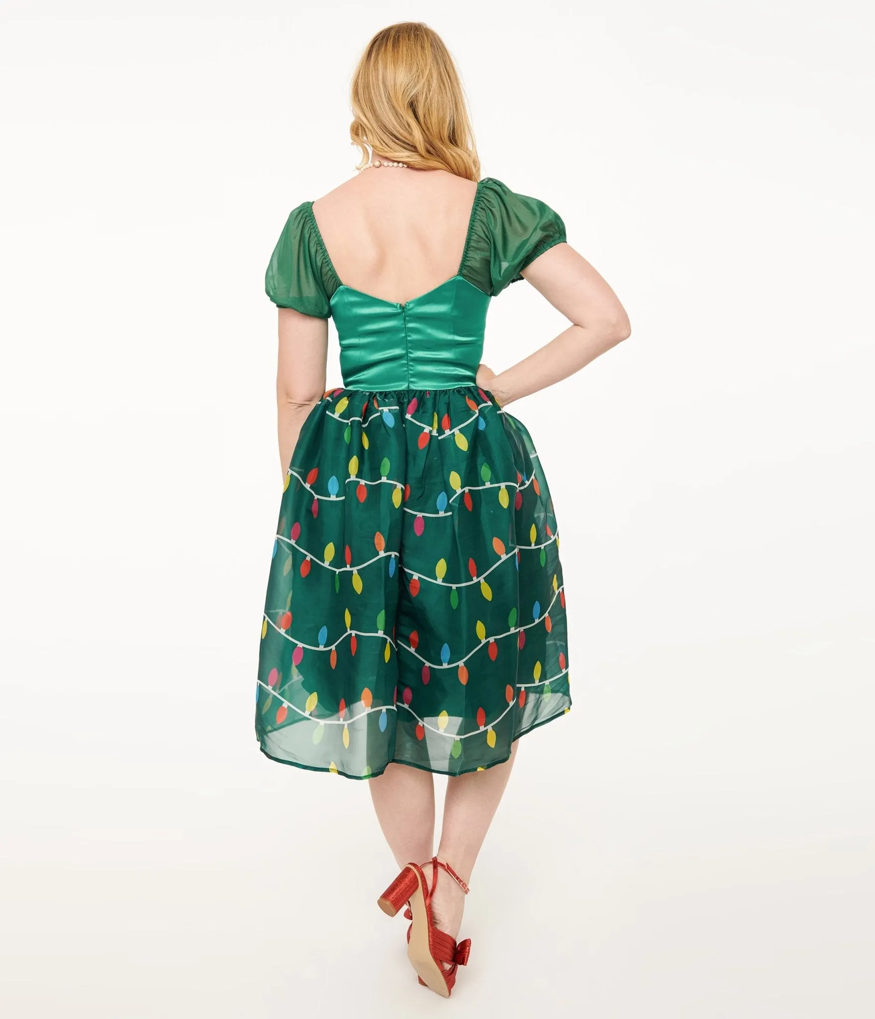 Unique Vintage Light Up1950s Green Christmas Lights Print Sweetheart Dress sold by Unique Vintage product image thumbnail 2