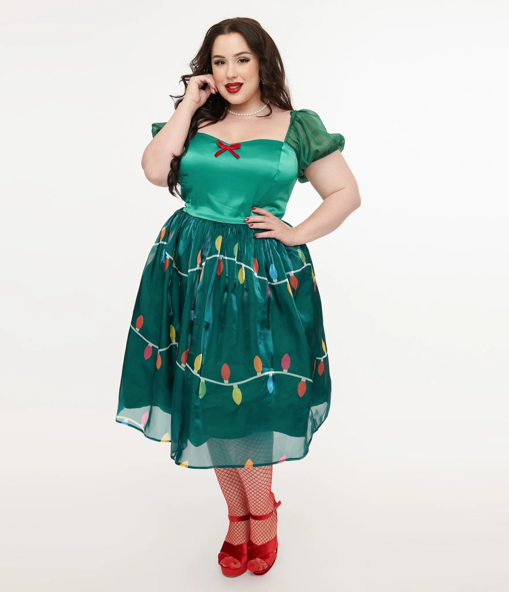 Unique Vintage Light Up Plus Size 1950s Green Christmas Lights Print Sweetheart Dress sold by Unique Vintage product image thumbnail 3