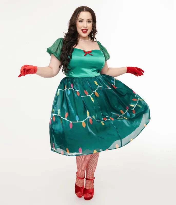 Unique Vintage Light Up Plus Size 1950s Green Christmas Lights Print Sweetheart Dress sold by Unique Vintage