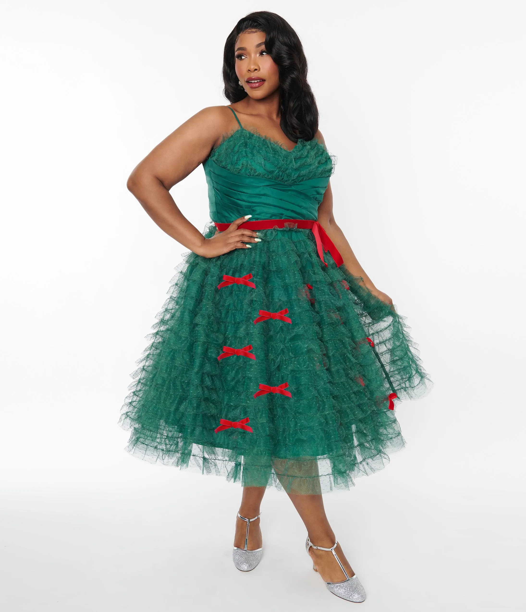 Unique Vintage Plus Size Emerald Green & Red Ribbon Tulle Cupcake Swing Dress sold by Unique Vintage