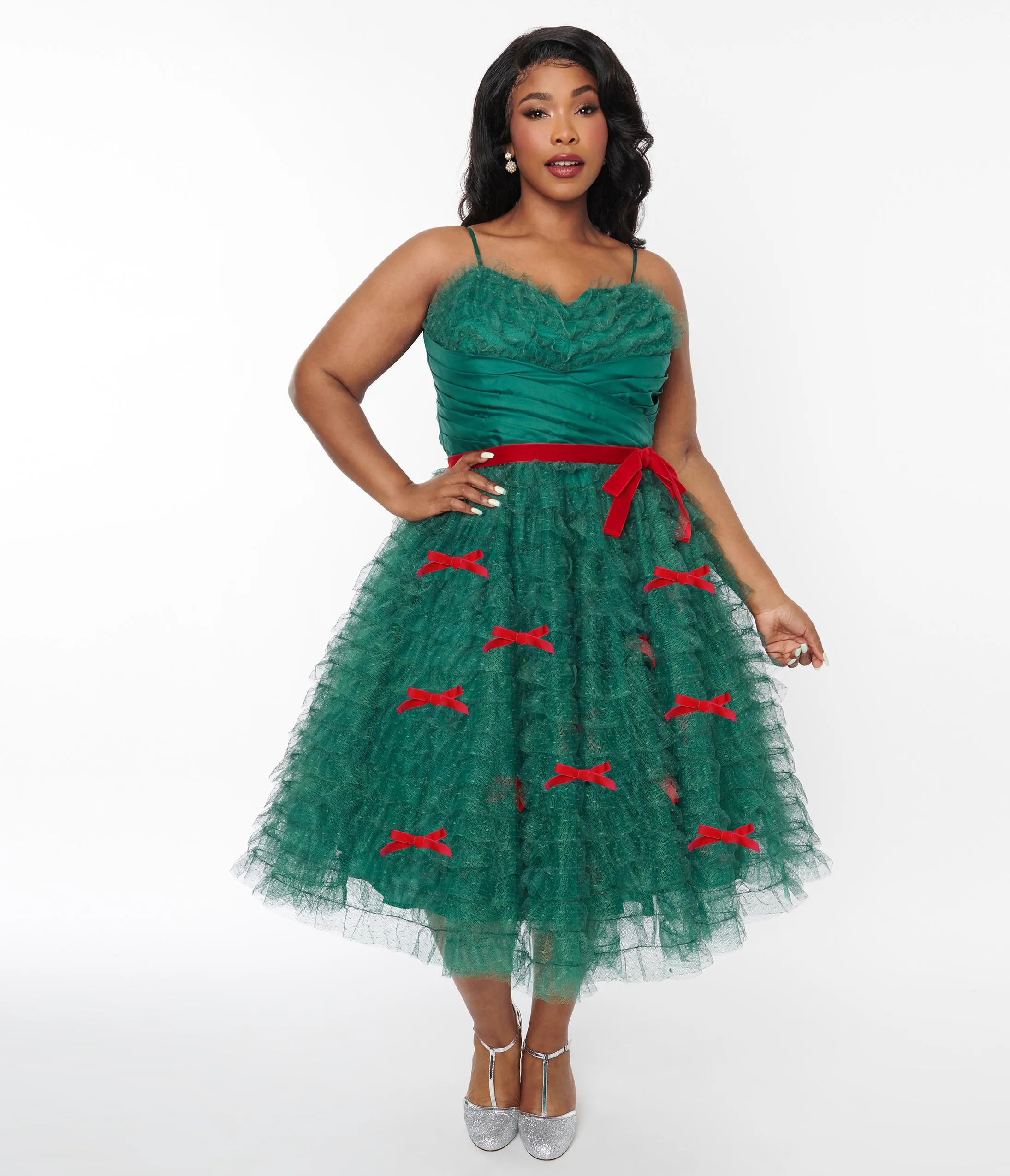 Unique Vintage Plus Size Emerald Green & Red Ribbon Tulle Cupcake Swing Dress sold by Unique Vintage product image thumbnail 4