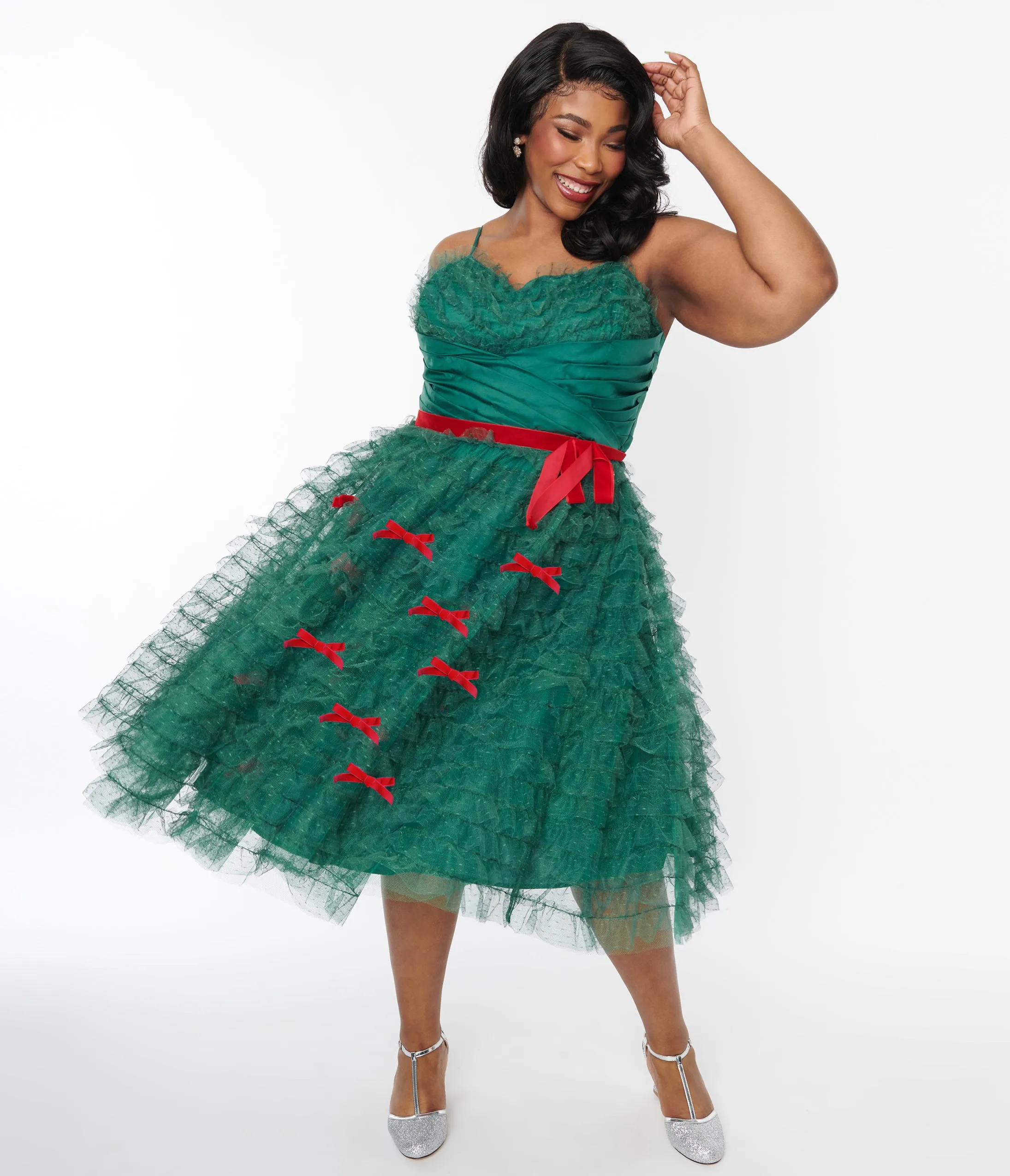 Unique Vintage Plus Size Emerald Green & Red Ribbon Tulle Cupcake Swing Dress sold by Unique Vintage product image thumbnail 5