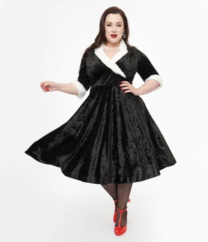 Unique Vintage Plus Size 1950s Black Crushed Velvet & White Fur Delores Swing Dress sold by Unique Vintage