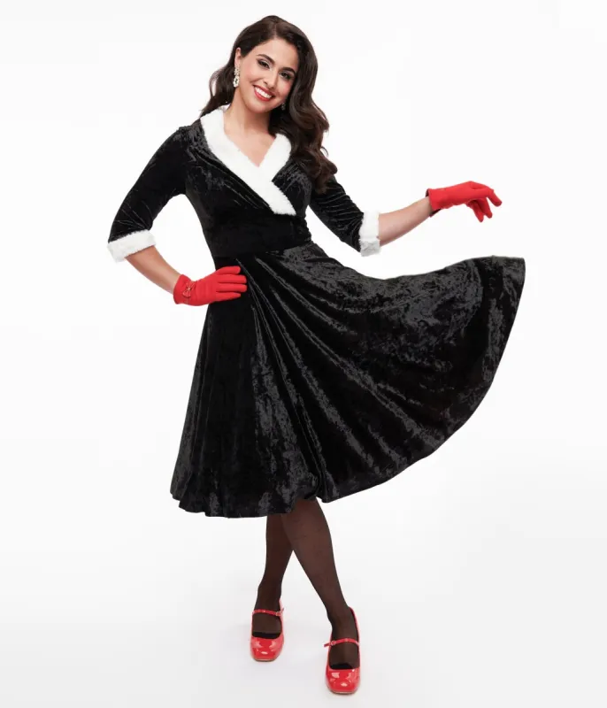 Unique Vintage 1950s Black Crushed Velvet & White Fur Delores Swing Dress made by Unique Vintage