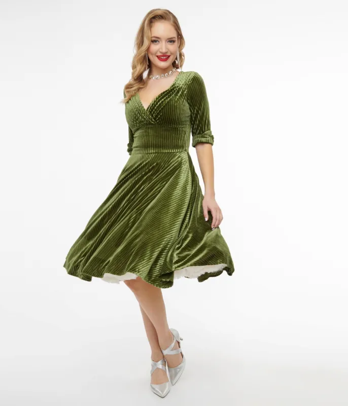 Unique Vintage 1950s Moss Green Velvet Delores Swing Dress sold by Unique Vintage