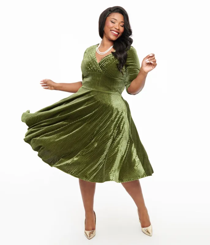 Unique Vintage Plus Size Green 1950s Moss Green Velvet Delores Swing Dress sold by Unique Vintage