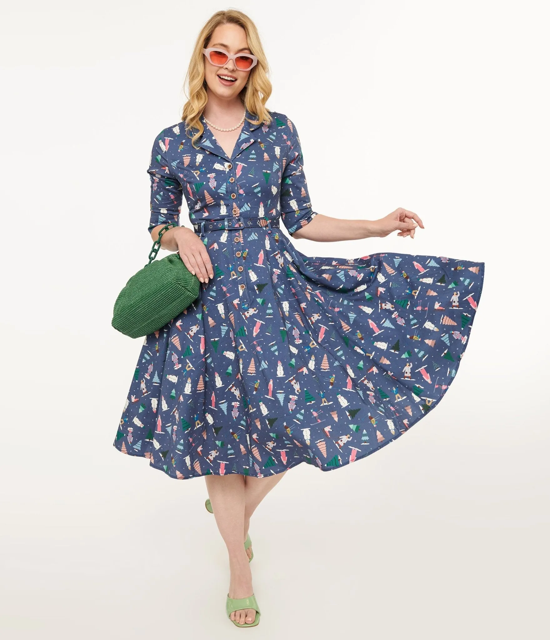 Royal Monk 1940s Blue Ski Snow Season Midi Dress sold by Unique Vintage