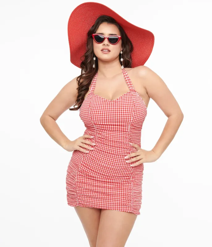 Collectif 1950s Red & White Gingham Skirted Swimsuit sold by Unique Vintage