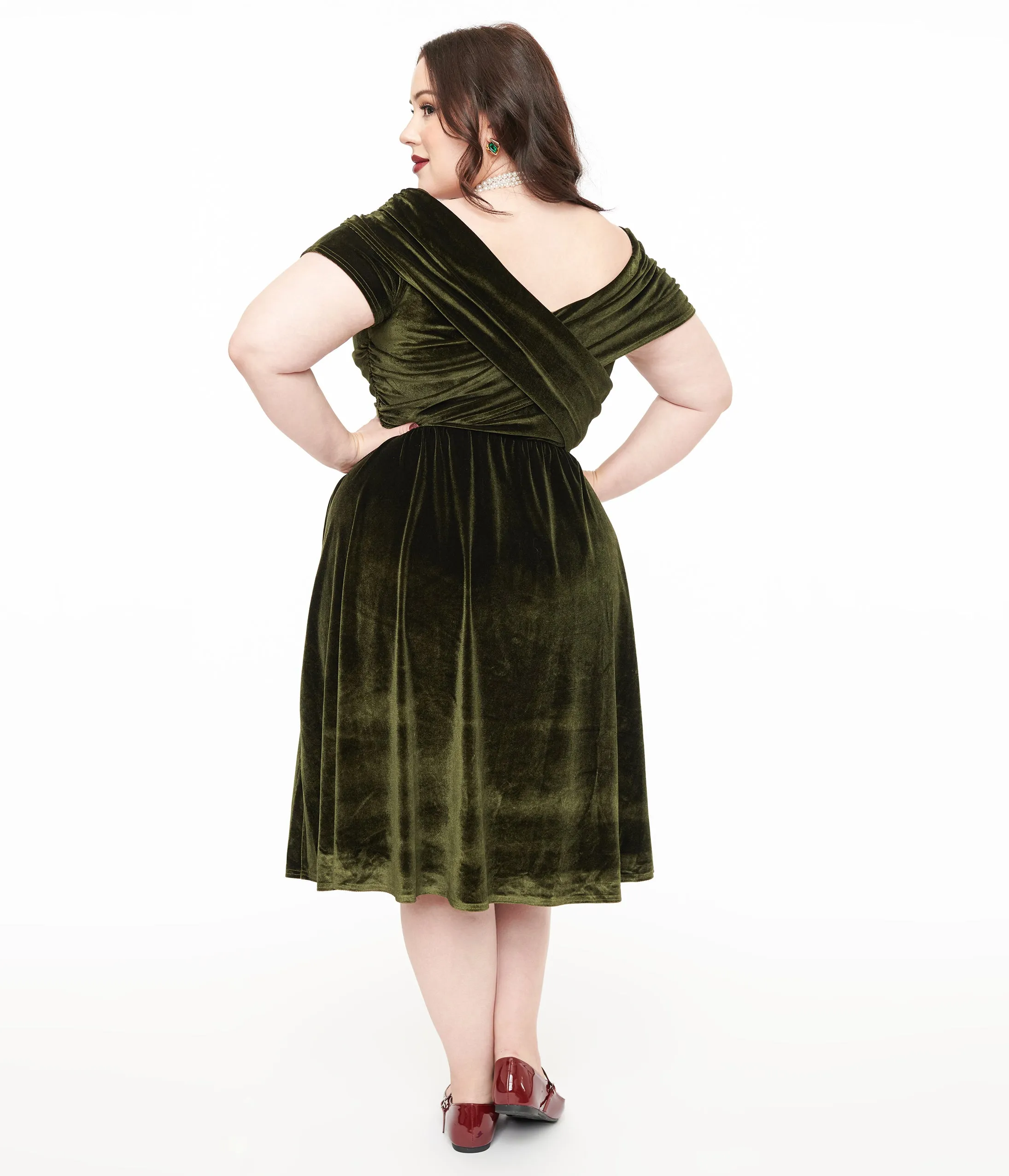 Unique Vintage Plus Size 1950s Olive Green Shirred Velvet Swing Dress sold by Unique Vintage product image thumbnail 2
