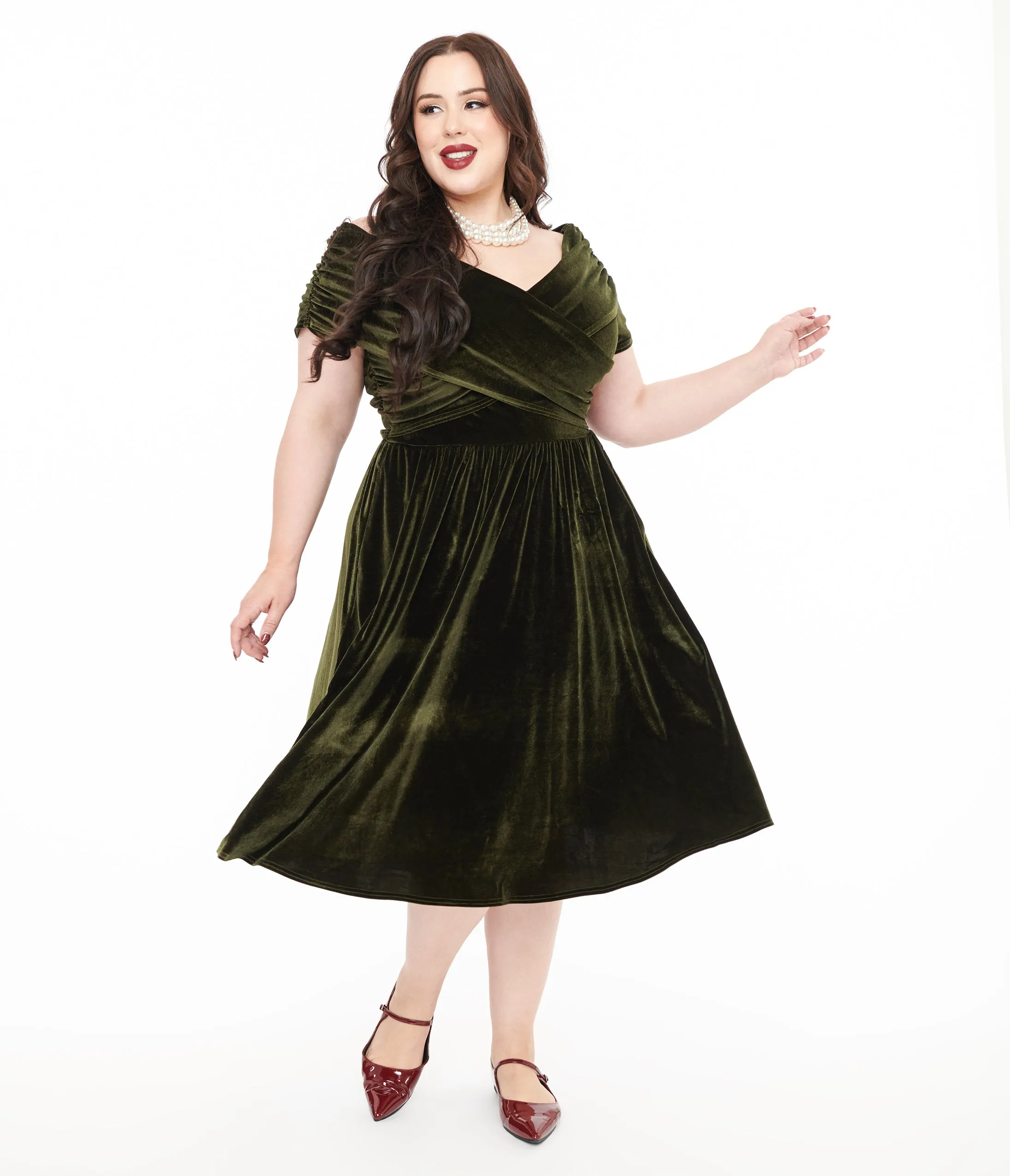 Unique Vintage Plus Size 1950s Olive Green Shirred Velvet Swing Dress sold by Unique Vintage