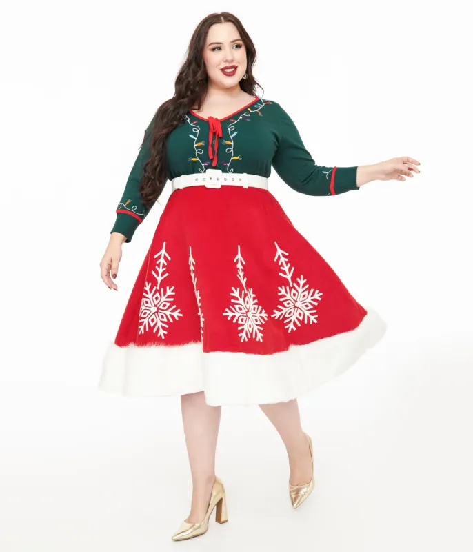 Unique Vintage Plus Size 1950s Red Felt & White Fur Snowflake Soda Shop Swing Skirt sold by Unique Vintage