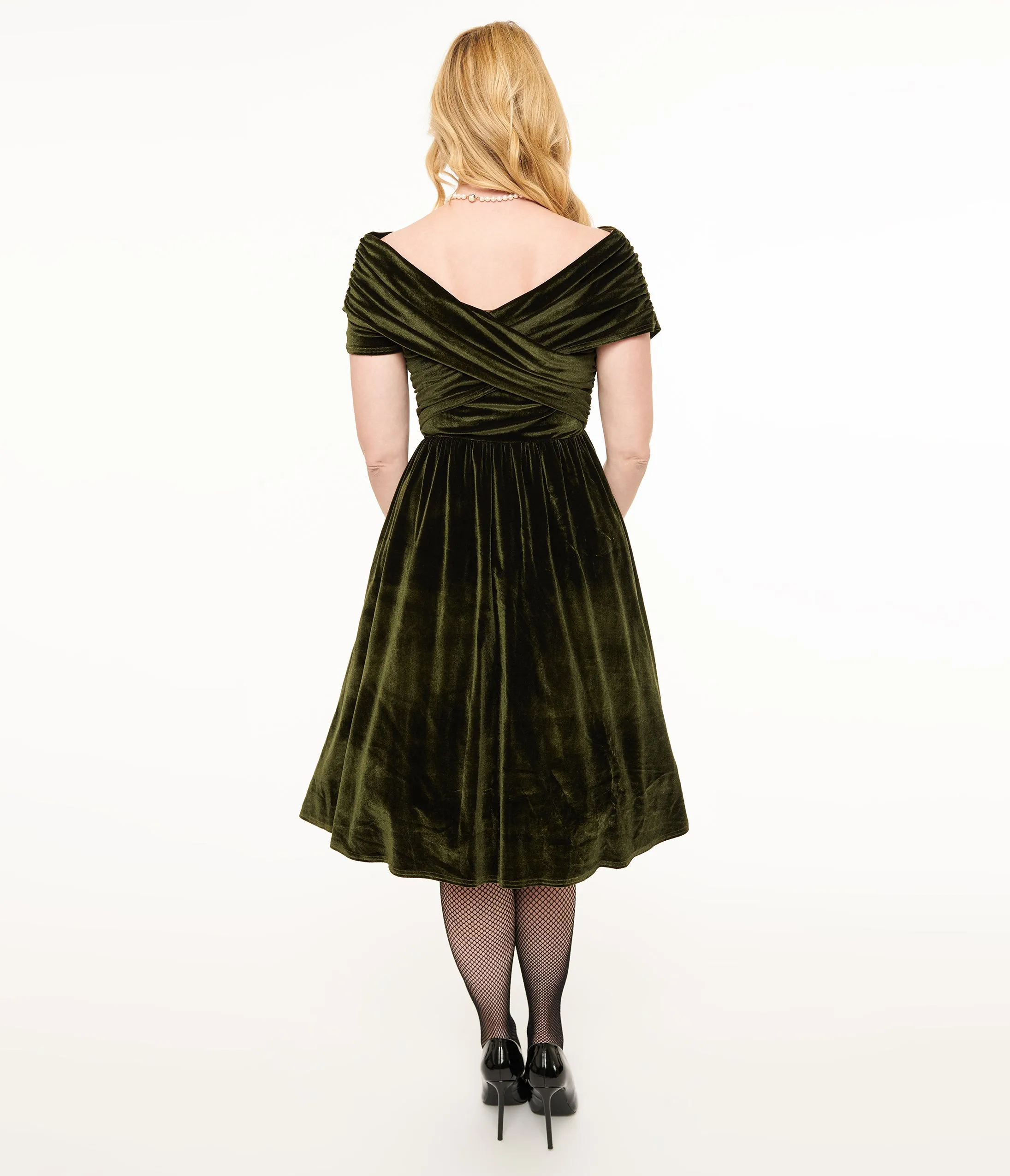 Unique Vintage 1950s Olive Green Shirred Velvet Swing Dress sold by Unique Vintage product image thumbnail 2