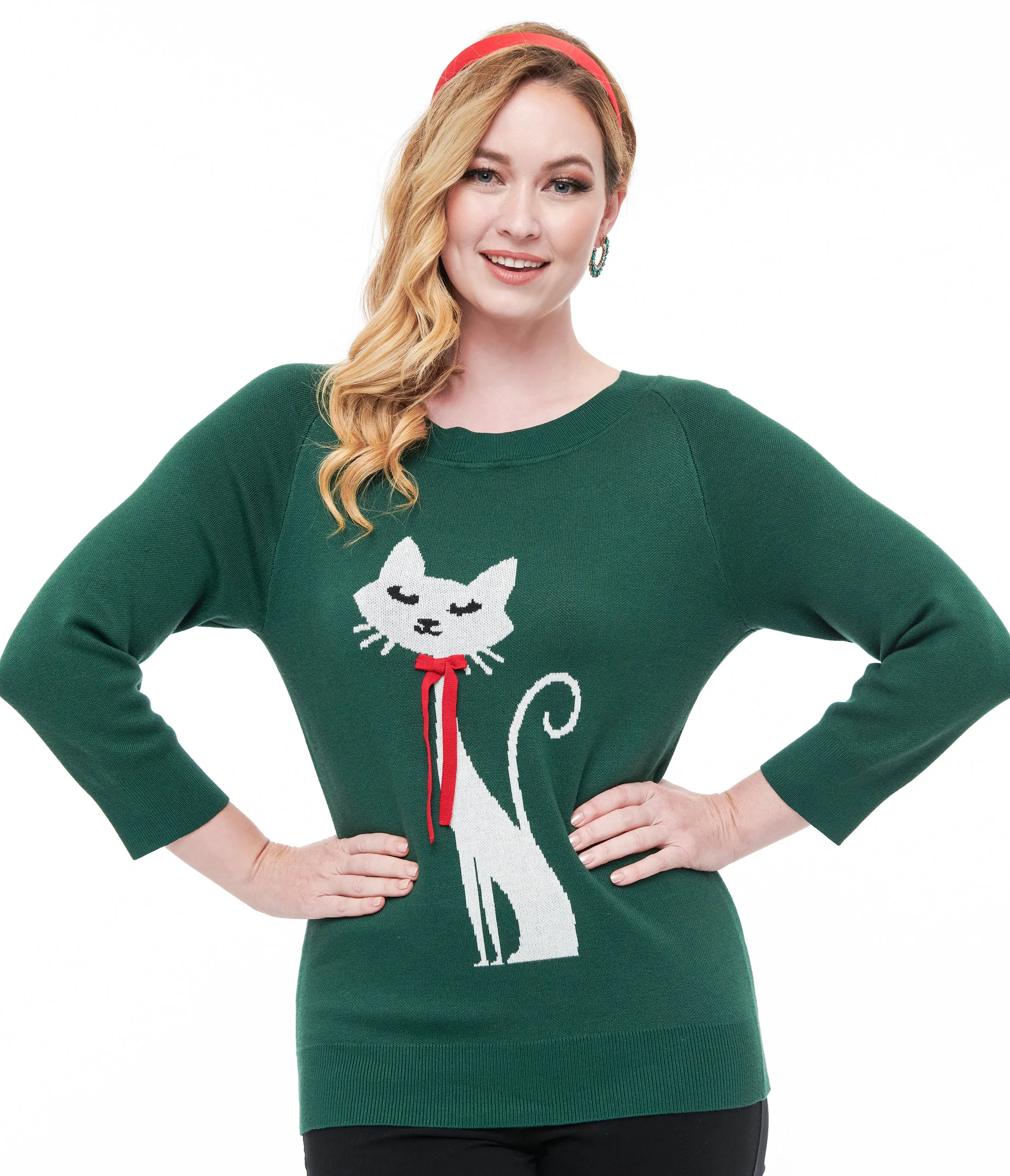Unique Vintage 1960s Forest Green & Cream Cat Lorelai Sweater sold by Unique Vintage product image thumbnail 3