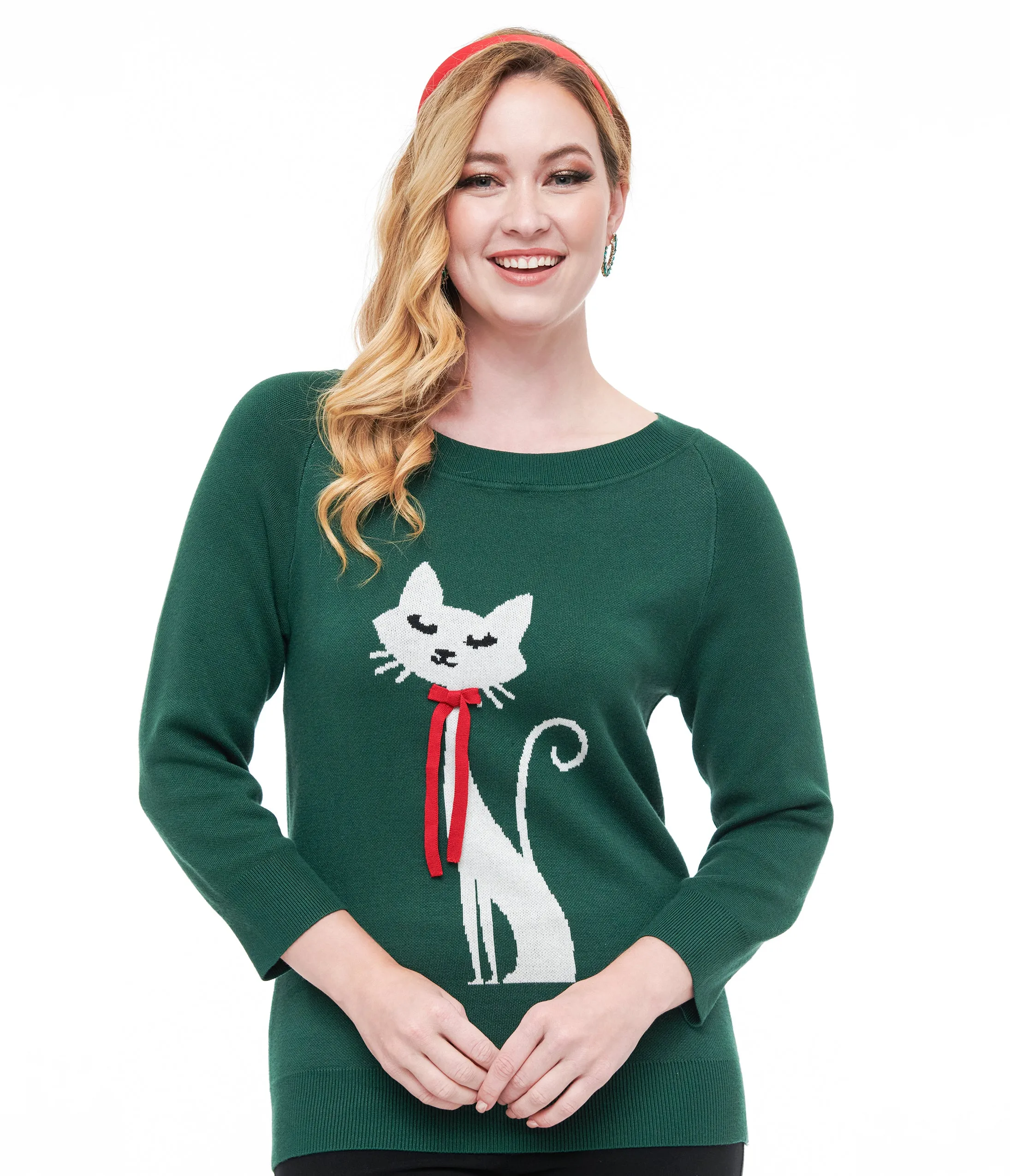 Unique Vintage 1960s Forest Green & Cream Cat Lorelai Sweater sold by Unique Vintage