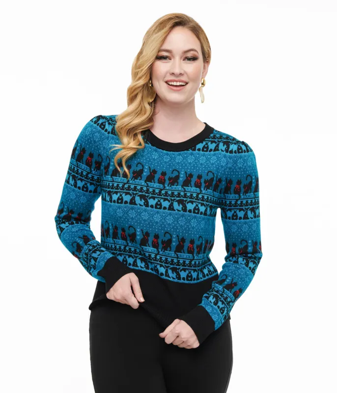 Unique Vintage 1950s Teal Snowflakes & Cats Sweater sold by Unique Vintage