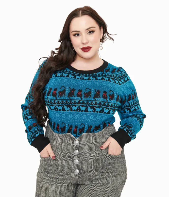 Unique Vintage Plus Size 1950s Teal Snowflakes & Cats Sweater made by Unique Vintage