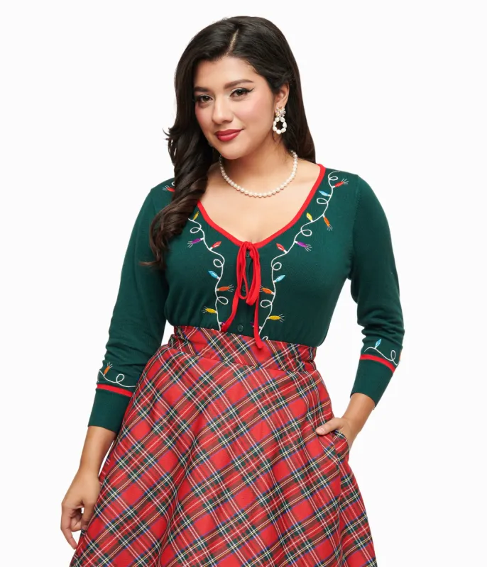 Unique Vintage 1950s Green Holiday Lights Crop Cardigan sold by Unique Vintage