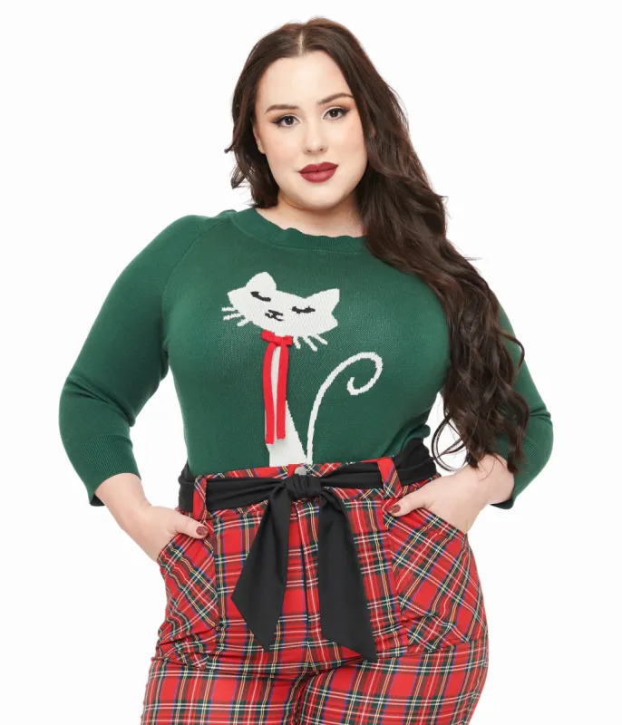 Unique Vintage Plus Size 1960s Forest Green & Cream Cat Lorelai Sweater sold by Unique Vintage