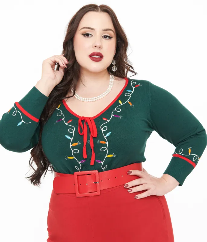 Unique Vintage Plus Size 1950s Green Holiday Lights Crop Cardigan sold by Unique Vintage
