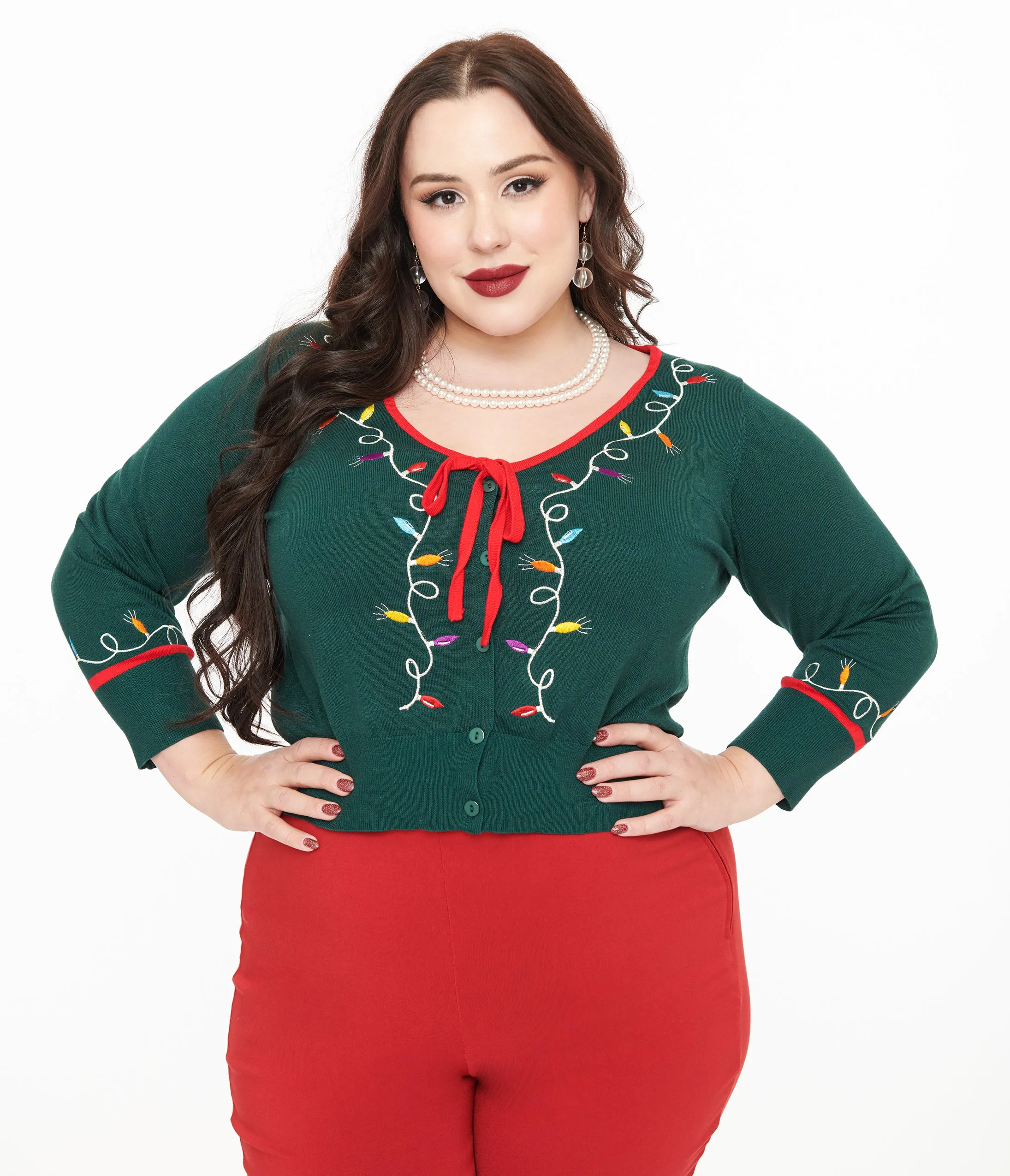 Unique Vintage Plus Size 1950s Green Holiday Lights Crop Cardigan sold by Unique Vintage product image thumbnail 3