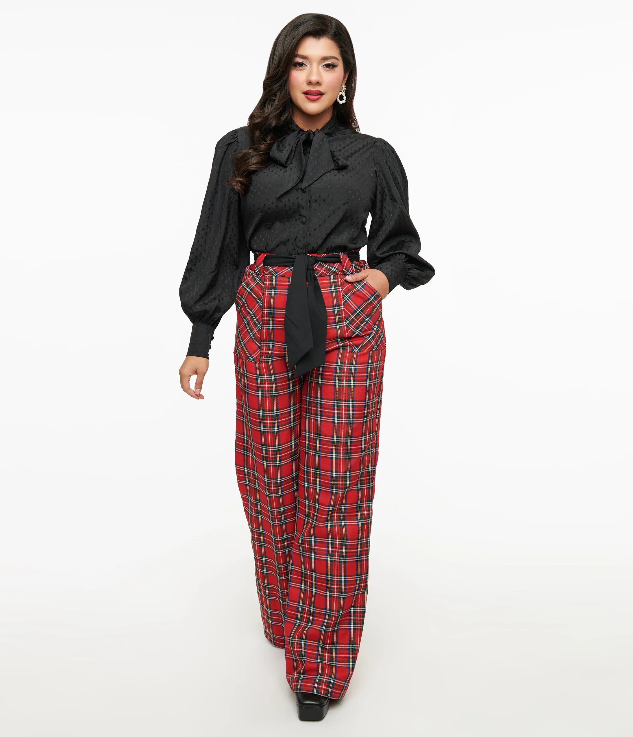 Unique Vintage 1950s Red Plaid Wide Leg Trousers sold by Unique Vintage