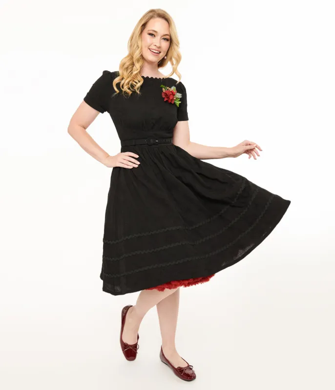 Unique Vintage 1950s Black Holiday Floral Pin Cotton Swing Dress sold by Unique Vintage