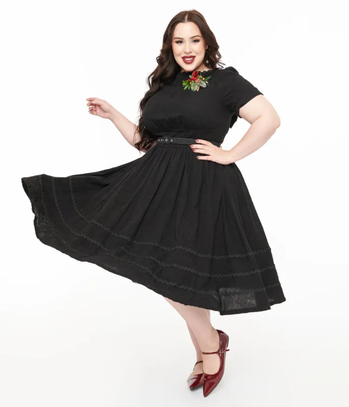 Unique Vintage Plus Size 1950s Black Holiday Floral Pin Cotton Swing Dress sold by Unique Vintage