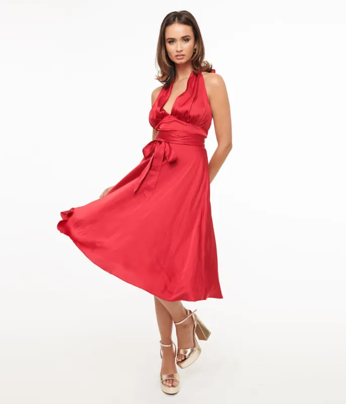 Unique Vintage Red Satin Halter Swing Dress sold by Unique Vintage