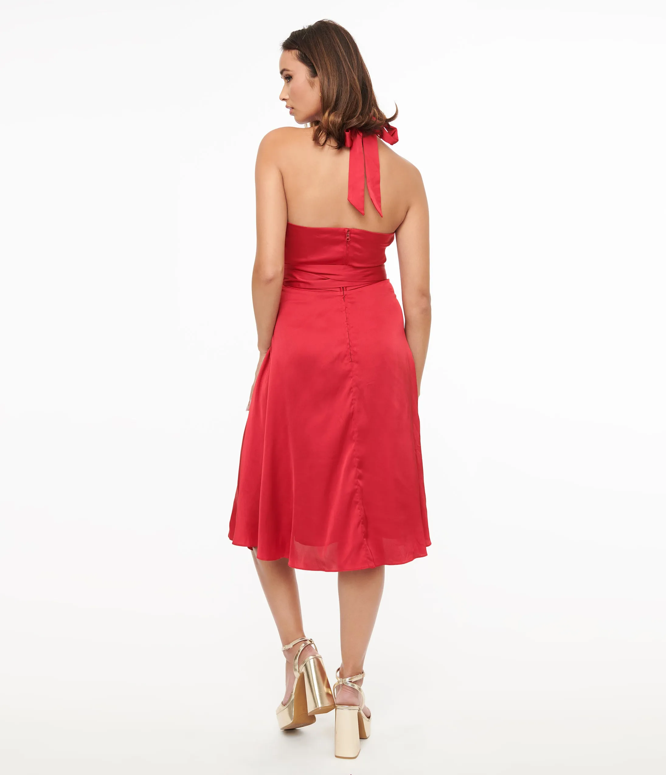 Unique Vintage Red Satin Halter Swing Dress sold by Unique Vintage product image thumbnail 2