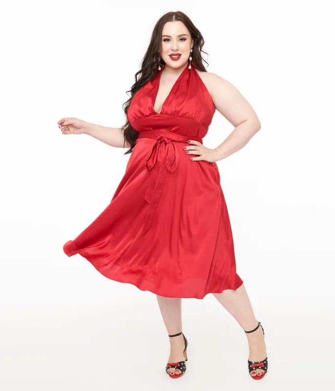 Unique Vintage Plus Size Red Satin Halter Swing Dress sold by Unique Vintage