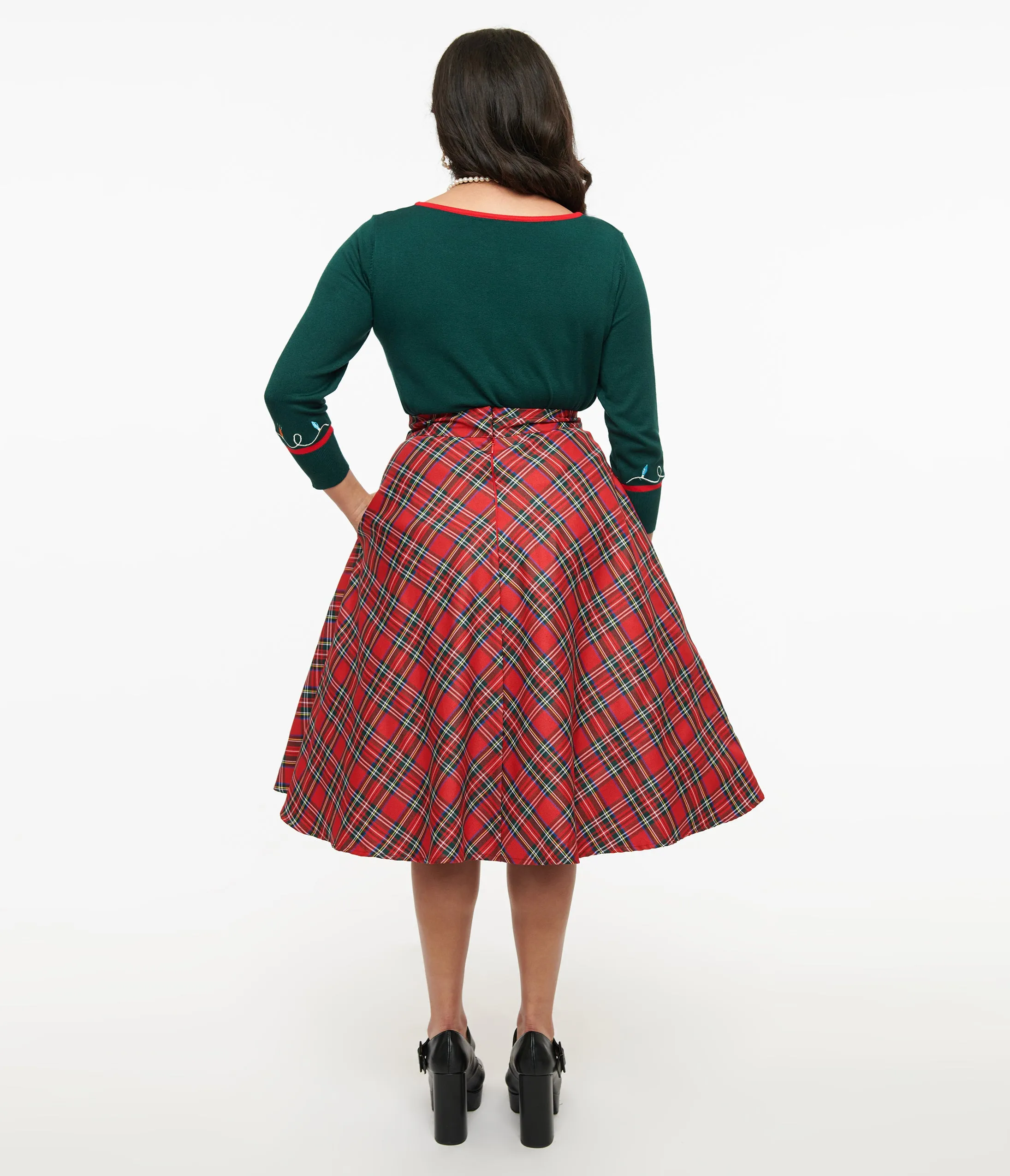 Unique Vintage 1950s Red Plaid High Waist Vivien Swing Skirt sold by Unique Vintage product image thumbnail 3