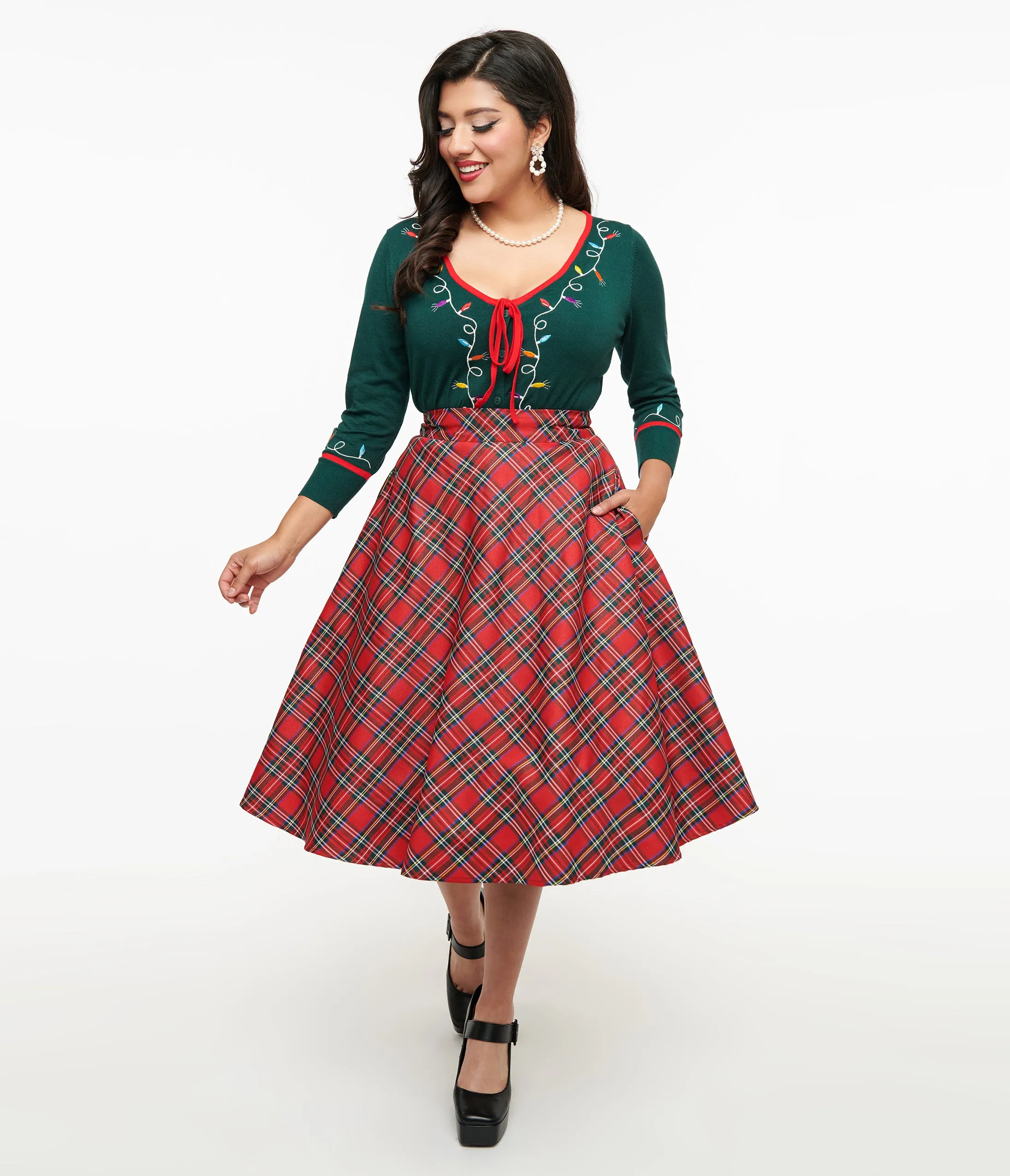Unique Vintage 1950s Red Plaid High Waist Vivien Swing Skirt sold by Unique Vintage