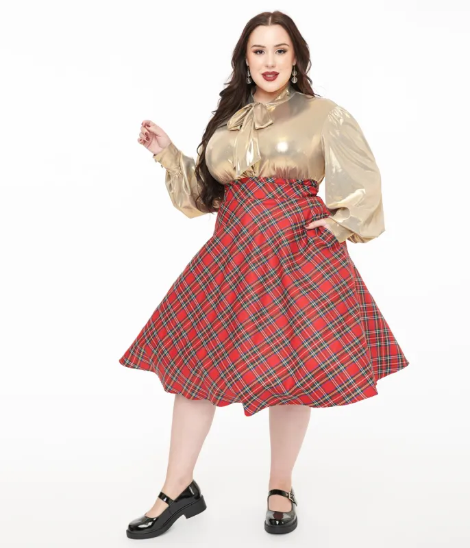 Unique Vintage Plus Size 1950s Red Plaid High Waist Vivien Swing Skirt sold by Unique Vintage