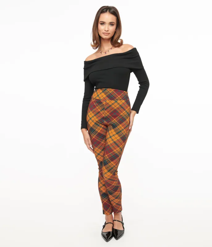 Unique Vintage 1960s Mustard & Burgundy Plaid High Waist Cigarette Pants sold by Unique Vintage