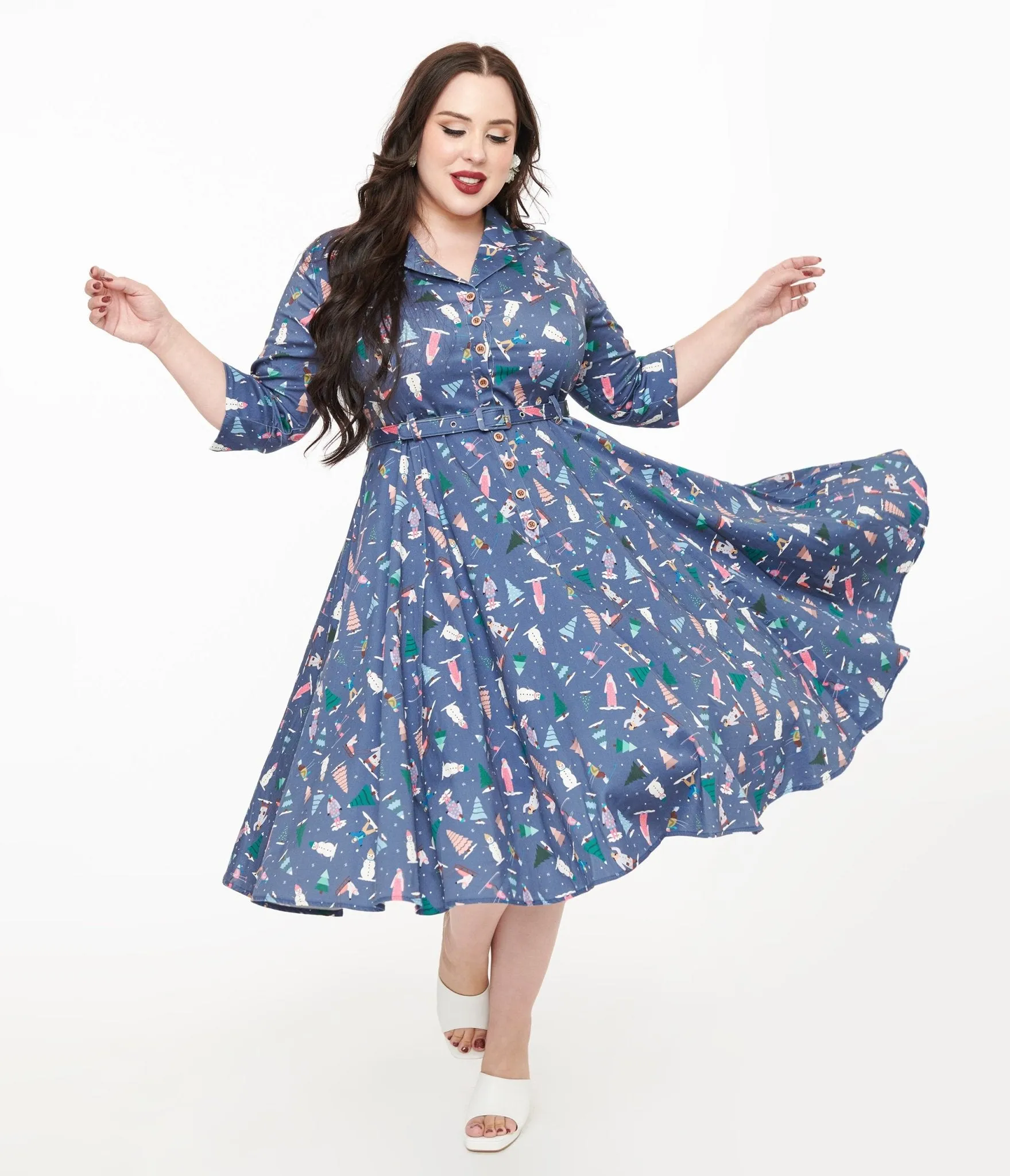 Royal Monk Plus Size 1940s Blue Ski Snow Season Midi Dress sold by Unique Vintage