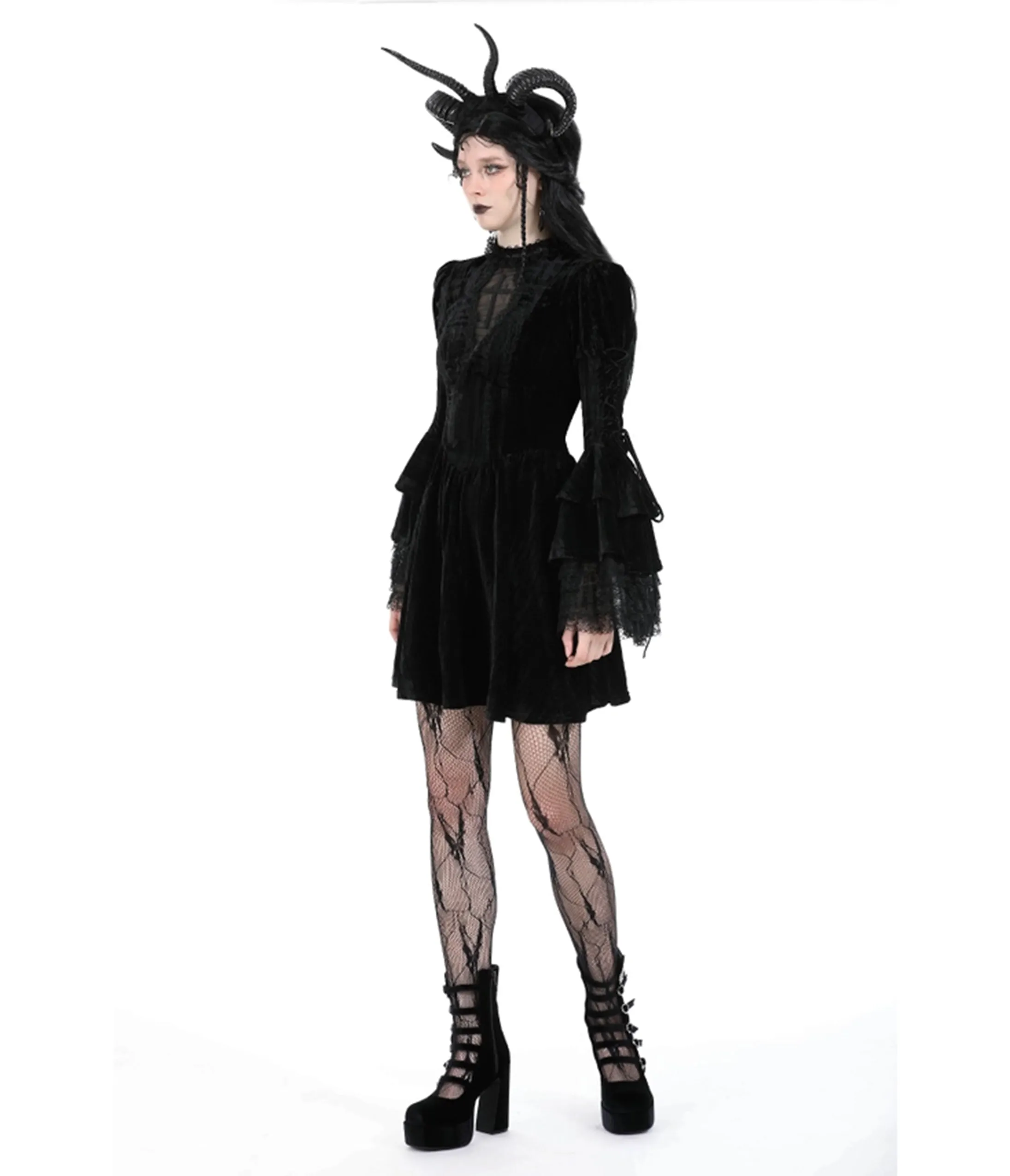 Black Gothic Cross Bell Sleeve Velvet Mini Dress sold by Unique Vintage product image thumbnail 3