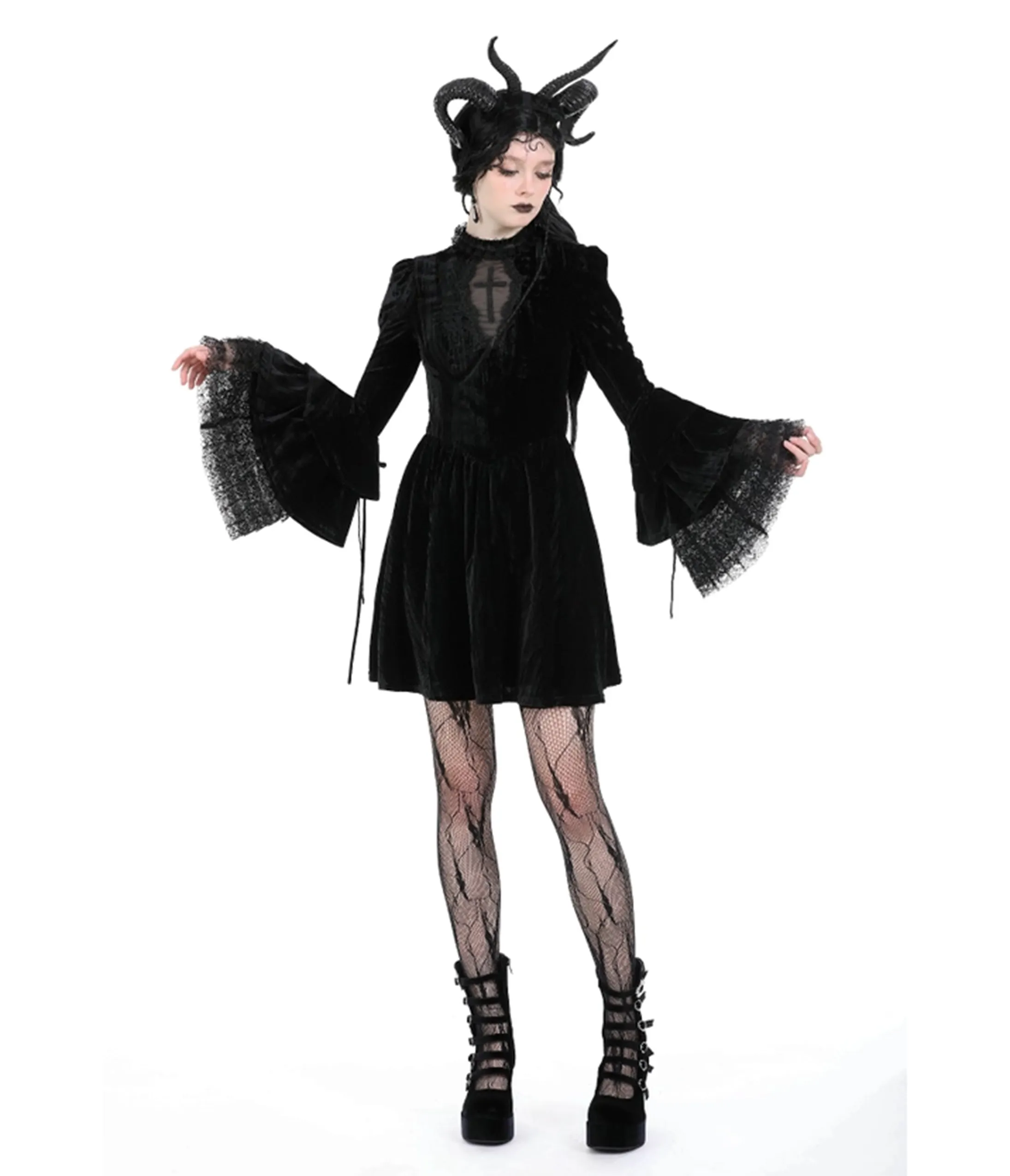 Black Gothic Cross Bell Sleeve Velvet Mini Dress sold by Unique Vintage