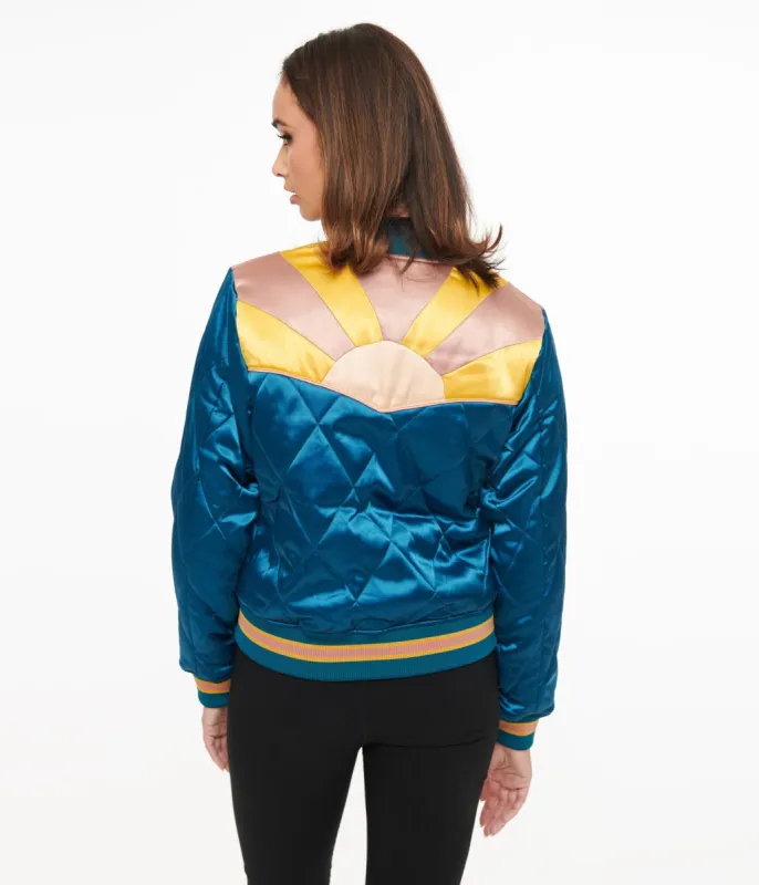 Classic Rock Couture 1970s Teal Peacock Rising Sun Chainstitch Bomber Jacket sold by Unique Vintage