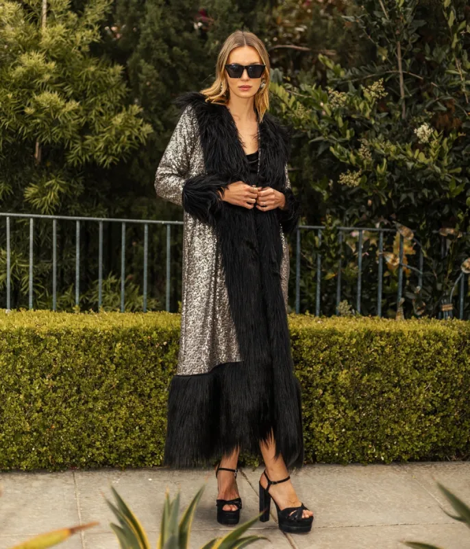 Jennafer Grace Penny Deluxe Gunmetal Sequin Faux Fur Coat sold by Unique Vintage