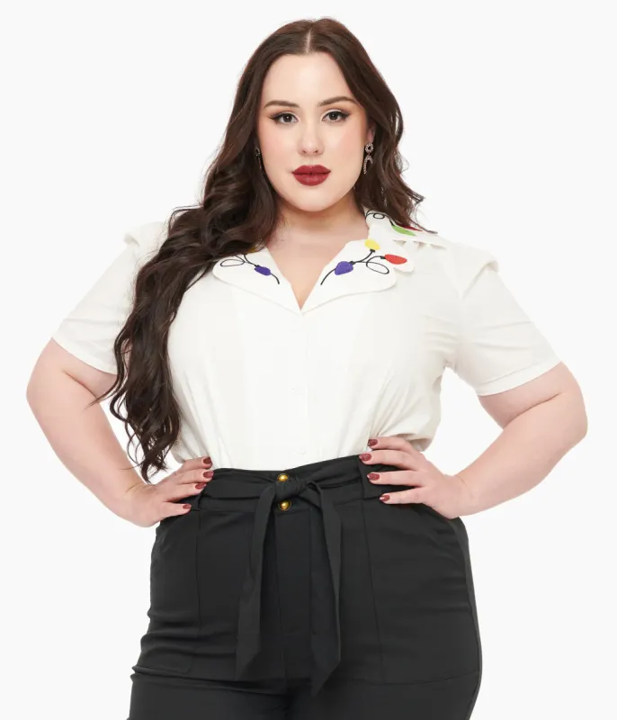 Unique Vintage Plus Size 1940s White Holiday Lights Cotton Blouse sold by Unique Vintage