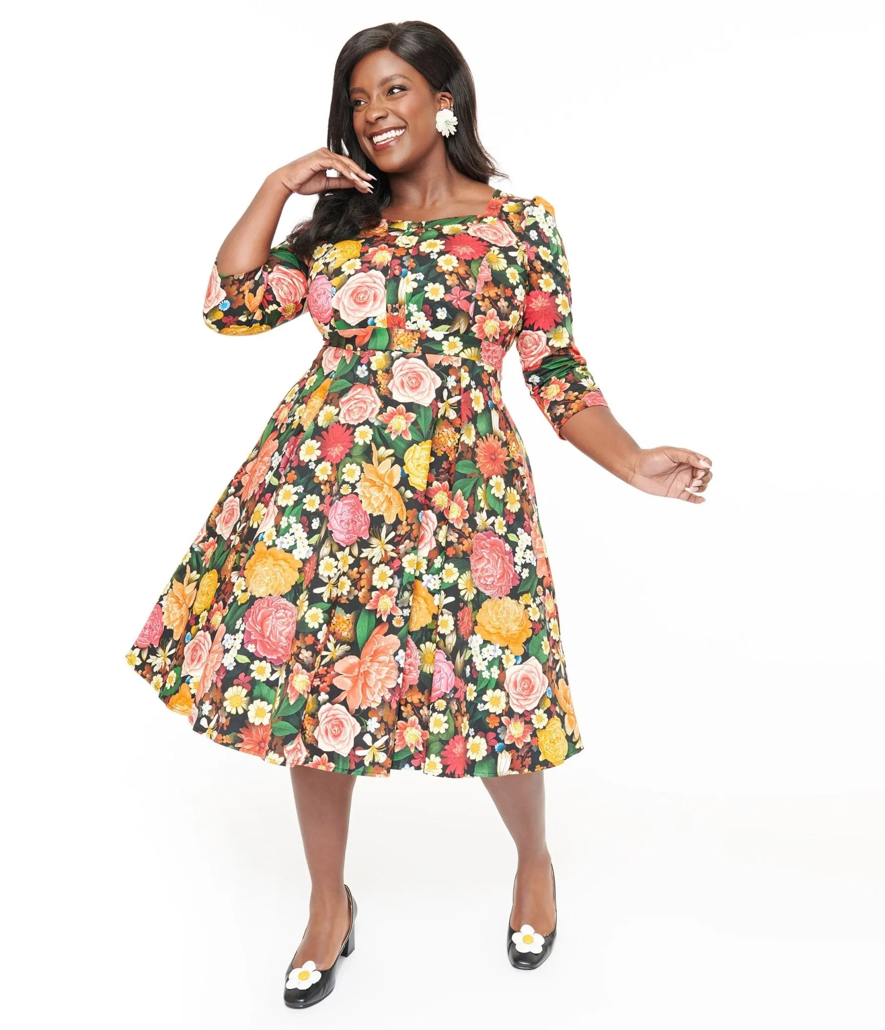 Hearts & Roses Plus Size Black Floral Cassidy Swing Dress sold by Unique Vintage