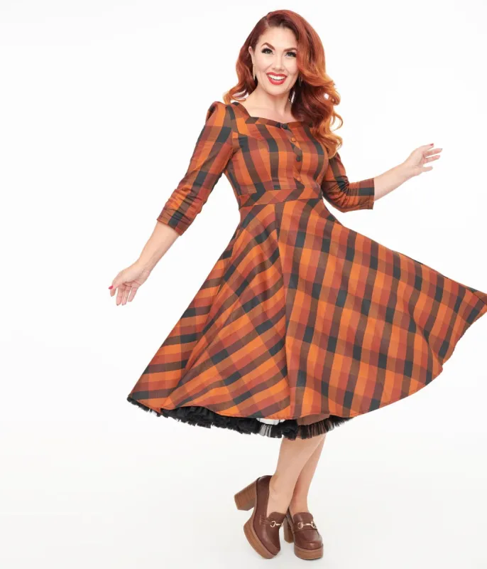 Brown & Orange Check Caitlin Swing Dress sold by Unique Vintage