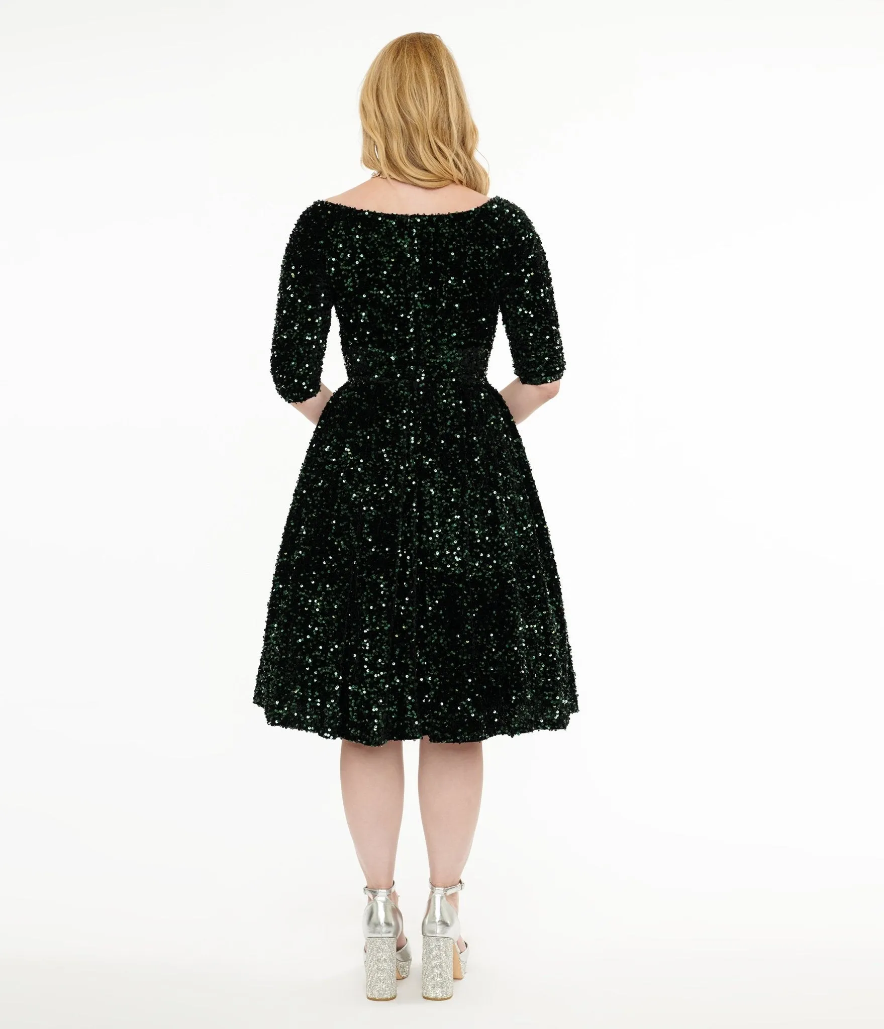 Unique Vintage 1950s Green Velvet Sequin Marceline Swing Dress sold by Unique Vintage product image thumbnail 2